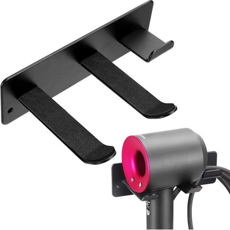 Support mural pour sèche-cheveux, range-cordon, support pour sèche-cheveux, sans perçage, acier inoxydable 304, finition mate (noir) (1/4)