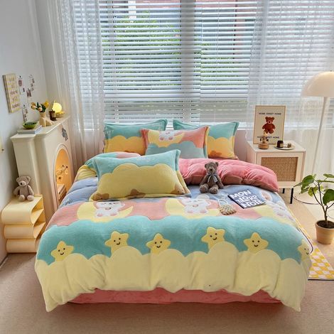 Parure de lit avec Housse de Couette pelucheuse à Motif de Lune et d'étoile de Dessin animé Kawaii – Housse de Couette pour lit Simple (Lune et Lapin, lit Simple) (1/5)