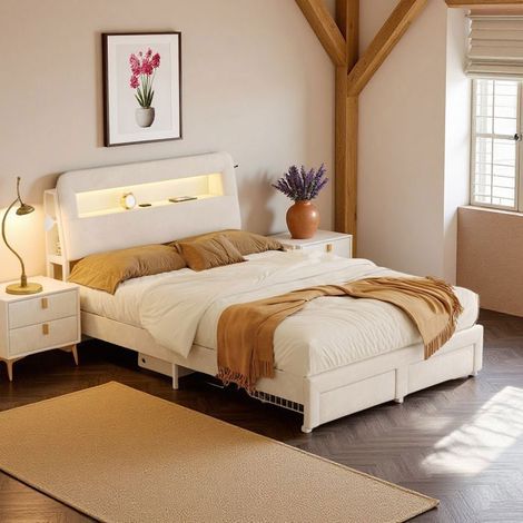 Bett 140x200 cm beige Velours mit integrierter LED, USB-Anschluss, 2 Schubladen und Lattenrost – modernes Design