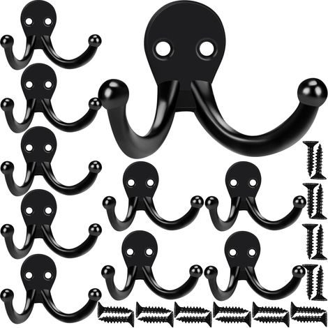 Lot de 10 patères, crochets muraux pour accrocher des manteaux, crochets muraux à double griffe robustes avec 20 vis, crochets noirs pour intérieur et extérieur (1/5)