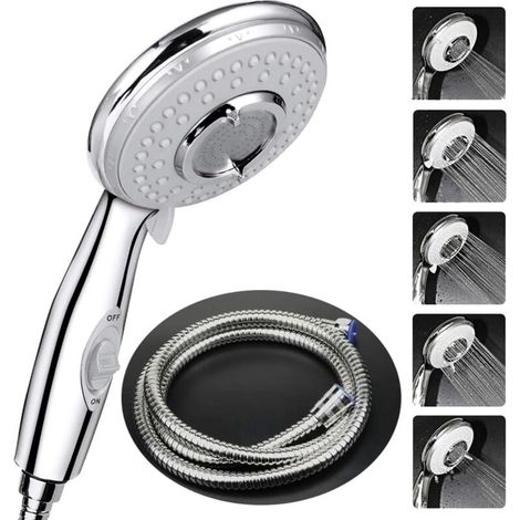 Pommeau De Douche - Tuyau Flexible 2 M - 5 Modes Jet Haute Pression - Bouton Marche/Arrêt - Acier Inoxydable Et Silicone - Pour Salle De Bain