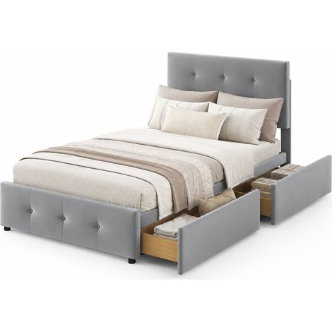 Lit rembourré 90 x 200 cm avec sommier à lattes, tête de lit réglable et 2 tiroirs de rangement, tissu velours gris, style classique pour chambre - CHICFURN (1/5)