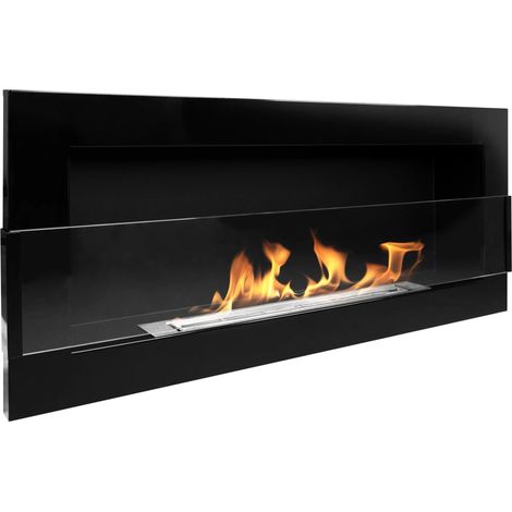 Bioethanol Wandkamin 90 × 40 cm mit Sicherheitsglas, TÜV-Brenner 0,75 l, Schwarz Hochglanz (1/5)