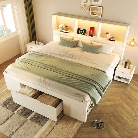 Cama doble de adulto 140 x 190 cm, madera blanca, con almacenaje, sin colchón FloraGrace (1/5)