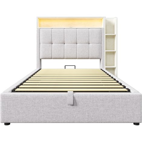 Lit rembourré 90x200 cm avec fonction de charge USB Type-C, sans matelas, rangement multifonction, éclairage LED, commande par bouton/application, lin, beige (1/5)