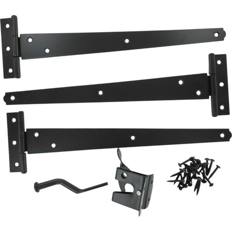BH07086 Kit de suspension pour portail de jardin en bois robuste avec charnières en T noires de 30,5 cm, loquet de fermeture automatique noir et toutes les fixations (1/5)