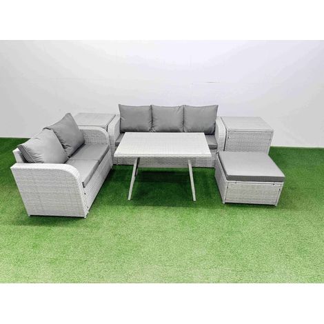 Fimous Outdoor PE Rattan Garden Furniture Set Rectangular Dining Table Sofa Set with Big Stool 2 Side Tables Light Grey (1/4)