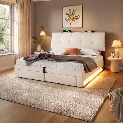 Cama tapizada 218x142x107 cm, almacenaje hidráulico, USB y Tipo C, iluminación LED, lino beige (1/5)