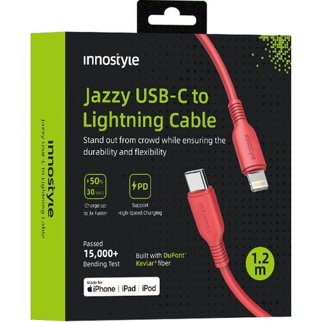 Cable USB-C Lightning Innostyle Jazzy con carga rápida MFi para iPhone, de kevlar, 1 m, rojo. (1/5)