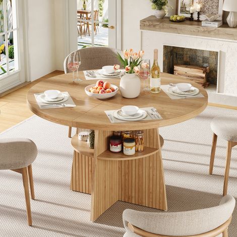 Table de salle à manger ronde extensible 110-150x110x77,5 cm, table de cuisine pour 2 à 8 personnes, table à manger peu encombrante avec plateau extensible et espace de rangement intégré, table en boi (1/5)