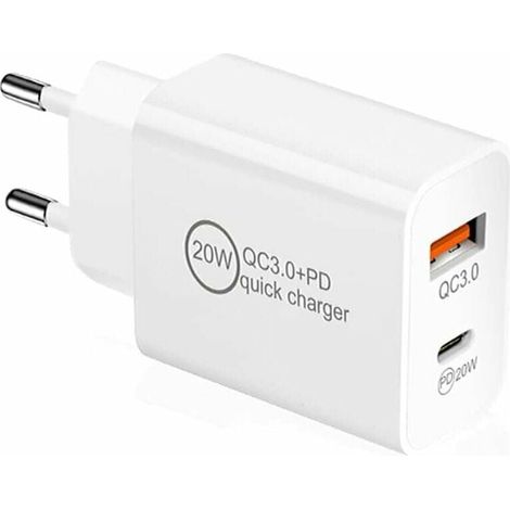 Chargeur USB C 20 W - Prise Rapide PD QC 3.0 - Compatible iPhone iPad Samsung Huawei Xiaomi - 1 Port USB C + 1 Port USB A - Lot de 1 (1/5)