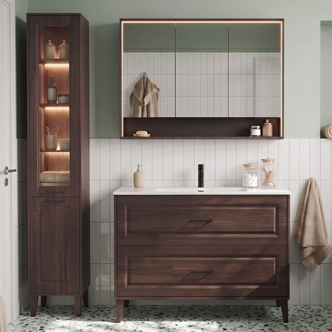 Ensemble meuble simple vasque encastrée 120cm colonne et armoire miroir Moka Bois foncé (1/5)