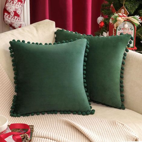 2er-Set Weihnachts-Kissenbezüge aus Samt mit Pompom, dekorativ, weich, glatt, modern, Kissenbezug, Dekoration für Wohnzimmer, Schlafzimmer, Sofa, 40 x 40 cm, Dunkelgrün