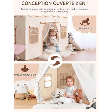 Tente Enfant, Cabane Enfant Intérieure avec Tapis, Lumières et Drapeaux, Tente de Jeu pour Enfants, Beige (1/4)