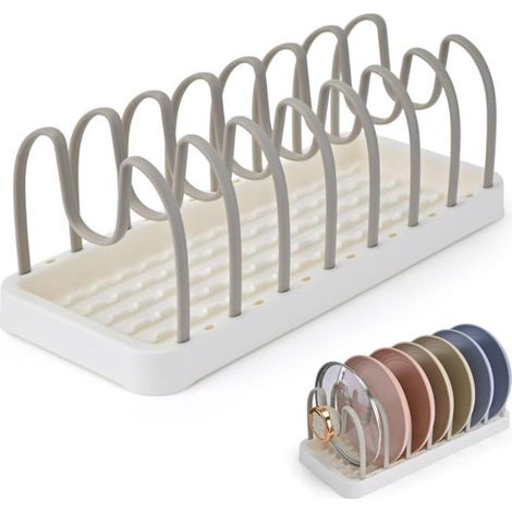 Porta pentole e padelle e organizer per cassetti da cucina - Vano porta coperchi regolabile - Scolapiatti in plastica - Beige (1/5)