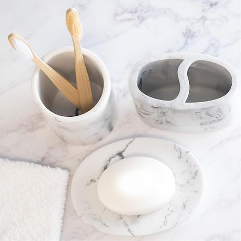 3 Piece Marble Print Bathroom Accessories Set, Toothbrush Holder, Soap Dish and Storage Container (1/4)
