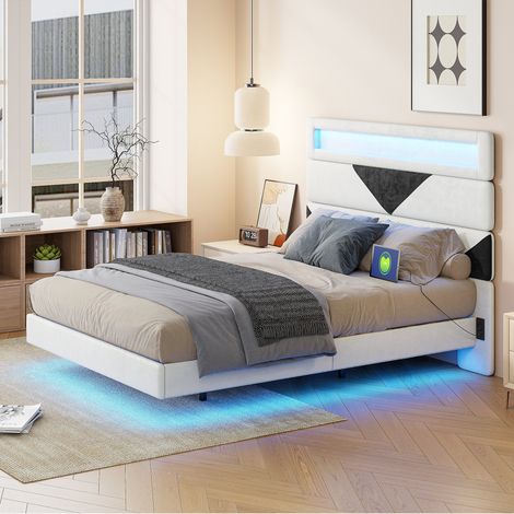 Lit double 160x200 cm, 2 places, avec éclairage LED, USB-A/C, Tête de lit réglable avec motif triangle, Sommier en bois, Lit suspendu rembourré en velours - Beige