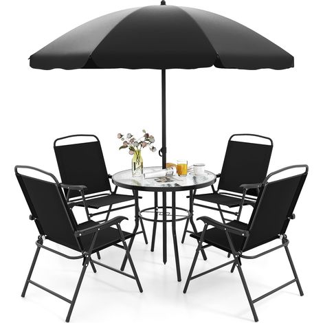 Goplus – Salon de jardin 6 pièces pour 4 personnes – Table ronde en verre trempé – Chaises pliantes en textilène – Parasol de patio 178 cm – Noir (1/5)