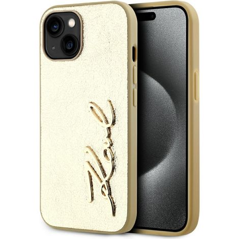 Karl Lagerfeld Schutzhülle aus gewelltem Metall mit Signaturdesign für iPhone 15, Gold (1/5)