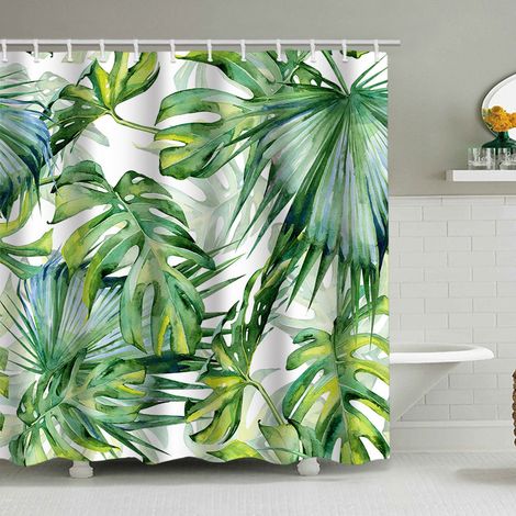 Duschvorhang mit tropischem Blättermuster, 200 x 230 cm, wasserdicht bedruckt, inklusive 12 Haken, Badezimmeraccessoire.