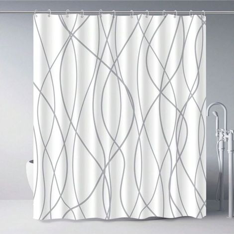 Rideau de douche en polyester rayé gris et blanc pour salle de bain avec crochets, rideaux 180 x 180 cm, ourlet lesté, accessoires de salle de bain style hôtelier - imperméable, lavable en machine, dé (1/4)