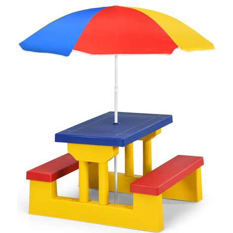 Costway – Ensemble de jardin pour enfant – Table et 2 bancs en PP avec parasol – Résistant aux UV – Pour jusqu'à 6 enfants (1/5)