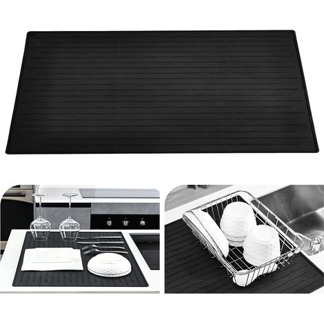 Tapis d'égouttoir 71,3 x 51,3 cm, en silicone résistant à la chaleur antidérapant pour évier, d'évier support d'égouttage, Set de table (Noir) Noir 30 40 cm'30 x 40 cm Noir'Noir'30 x 40 cm (1/5)