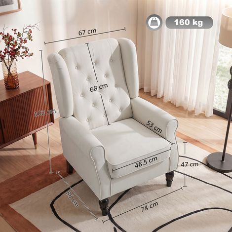 Fauteuil en velours avec dossier matelassé, 74 x 86 x 102 cm, blanc (1/5)