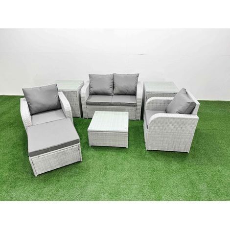 Fimous Light Grey PE Wicker Rattan Garden Furniture Set Sofa Set Reclining Adjustable Chair Square Coffee Table 5 Seater With Footstool 2 Side Table (1/4)