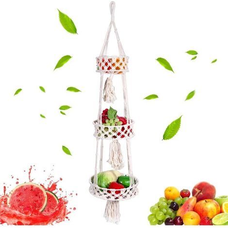 Cesto per frutta intrecciato a mano con corda di cotone, rete circolare in bambù stile bohémien, cesto per frutta intrecciato, cesto sospeso a 3 livelli per cucina, per conservare frutta e verdura (1/4)