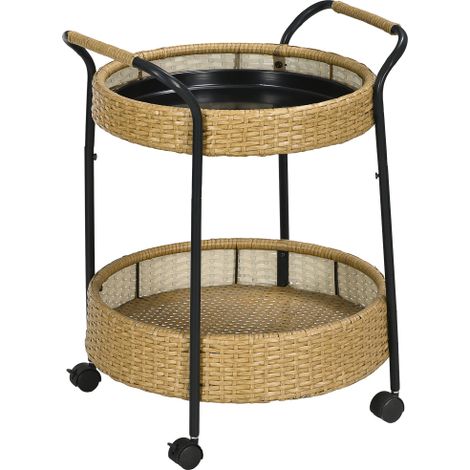 Carrello di servizio, Φ50 x 66 cm, carrello in rattan con 2 ripiani, carrello da giardino, carrello da cucina rotondo con maniglie, carrello bar da esterno, naturaleSul posto
