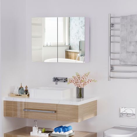 Violet 80x15x60 cm - Armoire de salle de bain doté de miroir, placard 2 portes avec 3 étagères, style moderne pour chambre clair
