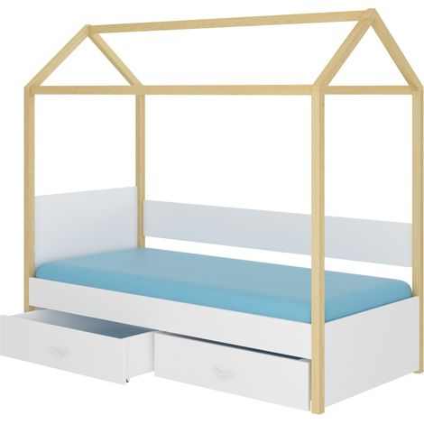 Lit enfant cabane bois pin naturel et bois blanc 90x200 avec 2 tiroirs de rangement Forka (1/5)