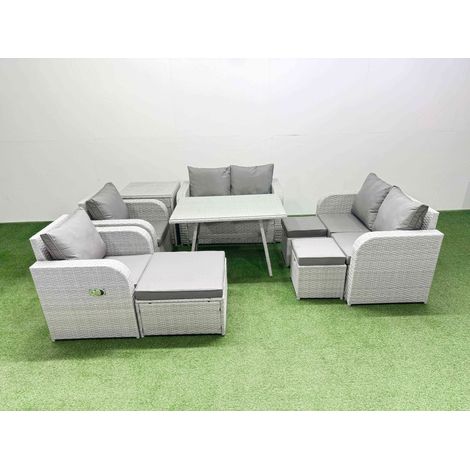 Fimous 9 Seater Rattan Garden Furniture Set Outdoor Love Sofa Set with Rectangular Dining Table Side Table 3 Footstools Light Grey (1/4)