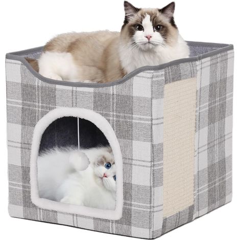 Lits d'intérieur Pliables pour Chat, Maison pour Chat Intérieur, 40×40×40 cm, Maison pour Chat avec condo Confortable, Boule Suspendue, fenêtre Ronde, 2 Niveaux avec Coussins Doux (Carreaux) (1/5)