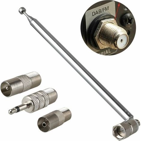 Antena de radio telescópica modelo 7123, tipo F a 3,5 mm, 3 adaptadores, 7 secciones, antena FM portátil de 76 cm. (1/5)