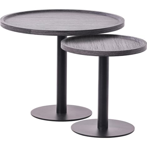 Ensemble de tables d'appoint moderne plateau rond en bois gris Ø60cm et Ø40cm pied central en métal noir 100009153