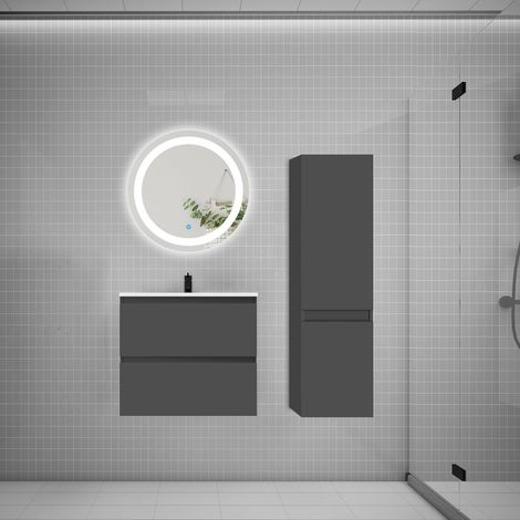 Ensemble meuble vasque L.60cm 2 tiroirs + lavabo + LED miroir rond 60cm + colonne,anthracite easy (1/5)