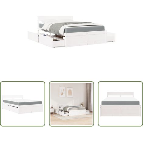 Lits blanc - Lit avec tiroirs et matelas blanc 120x200 cm bois massif de pin (1/5)