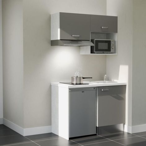 Kitchenette K02L-PT - 120 cm - plan stratifié, évier inox, - Façade Gris - Plan Blanc - Crédences Non + Electroménager inclus coloris Inox