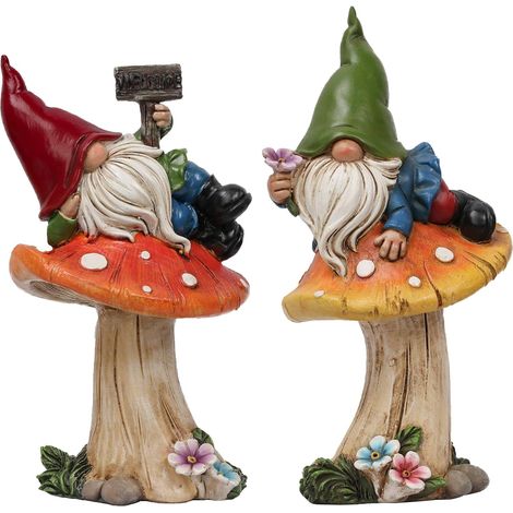 Set di simpatici gnomi da giardino (confezione da 2), gnomo alto 17 cm sdraiato su funghi, in resina con cartello di benvenuto, statuetta decorativa da giardino. (1/5)
