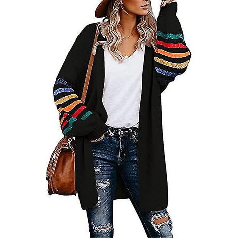 Damen-Strickjacke, lang, mit Puffärmeln, Patchwork-Details, Knopfleiste und Taschen – XL