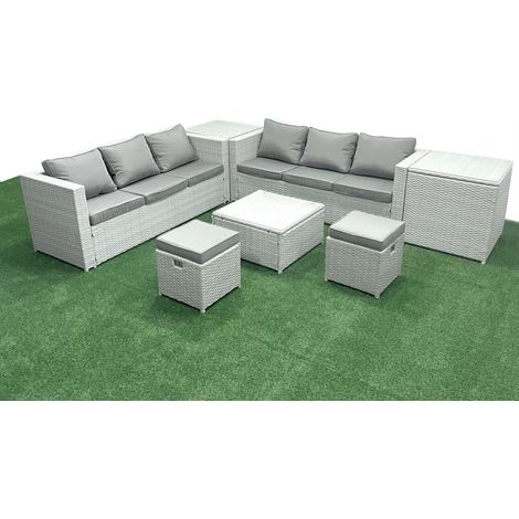 Fimous Ensemble de meubles de jardin en rotin 8 places Ensemble de canapés de jardin avec 2 Petits tabourets 2 Tables d'appoint Gris clair mixte (1/5)