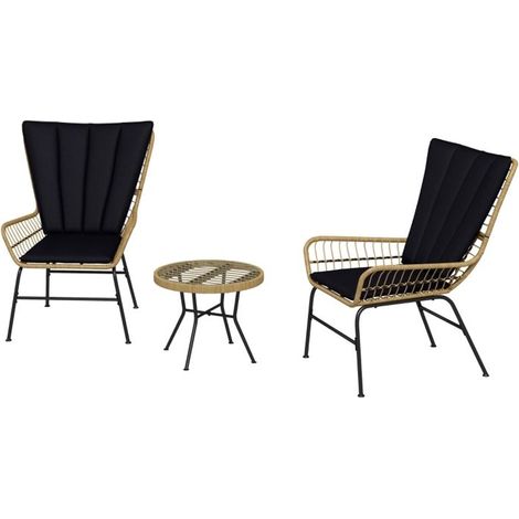 Ensemble de jardin - Bistro 3 pièces - Rotin PE tressé - Plateau en verre trempé - Coussins inclus (1/5)