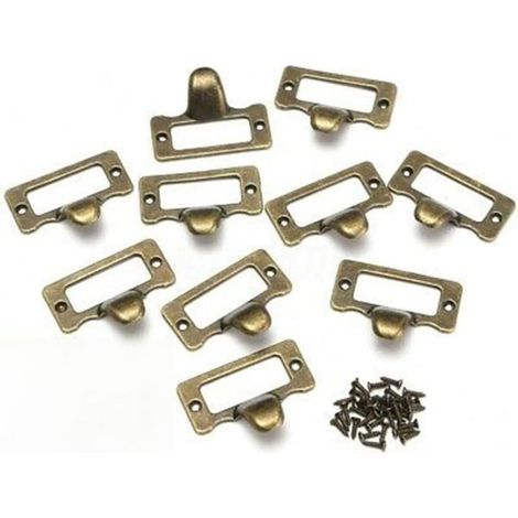 Set of 10 Antique Brass Drawer Label Holders – Zinc Alloy Label Frames for File Cards, Jewelry Boxes, and Kitchen Cabinets with Screws (1/5)