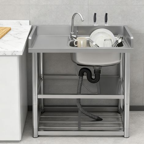 Évier de cuisine, lavabo indépendant en acier inoxydable, évier professionnel 80 x 50 x 80 cm, lavabo simple avec robinet, adapté à une utilisation en extérieur et en camping (côté droit) (1/5)