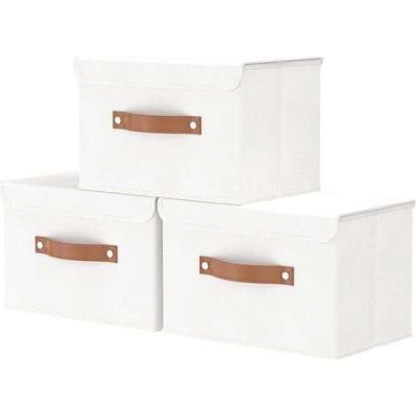 Boîte de rangement Lot de 3 Lin et carton Pliable avec couvercle Pour vêtements et maison 38 x 25 x 25 cm Blanc (1/5)