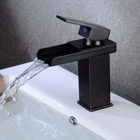 Modern Black Waterfall Bathroom Faucet, Waterfall Basin Mixer Tap, Basin Faucet with High Spout, Brass Bathroom Mixer Tap, Cold & Hot Water Available