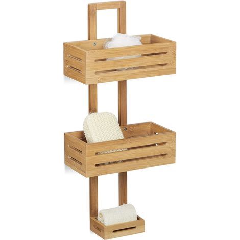 Bamboo shower caddy, H x W x D: 65 x 28 x 15.5 cm, 3-tier compartments, hanging basket/basket, wooden wall shelf, bathtub storage for bathroom, natural (1/4)