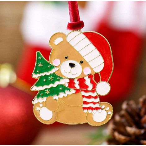 Ornement sapin de Noël ours en peluche avec sapin, décoration métal émail 5×6 cm (1/3)